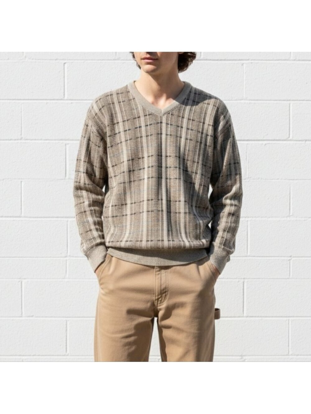 Vintage 90s Beige Grandpa Sweater Mens Preppy V-Neck Eclectic Size Medium